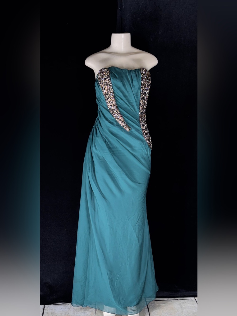 Strapless Teal Evening Gown with Crystal Side Embellishments
